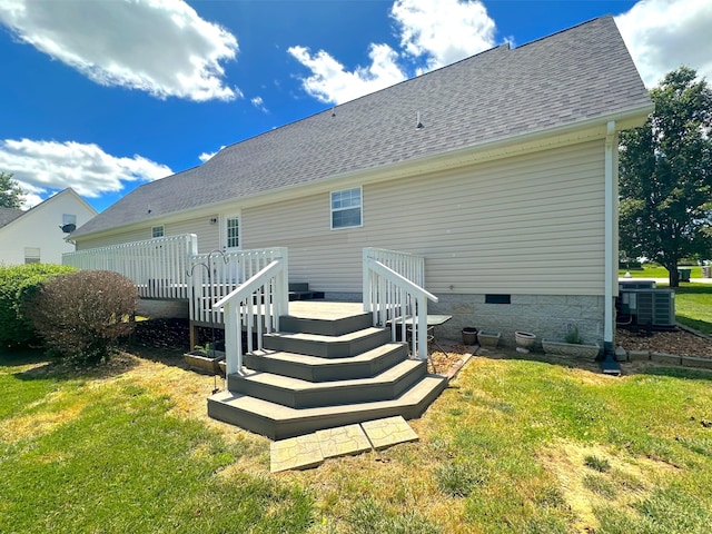 730 Everville Dr, Livingston, TN 38570 - rear view of house featuring a lawn, a wooden deck, central AC, roof with shingles, and crawl space