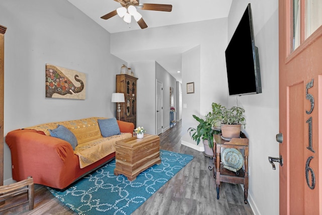 516 Main St, Burns, TN 37029 - living room featuring ceiling fan, wood finished floors, and baseboards