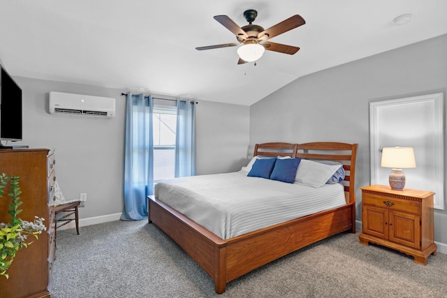 516 Main St, Burns, TN 37029 - bedroom with a wall mounted AC, light colored carpet, lofted ceiling, baseboards, and ceiling fan