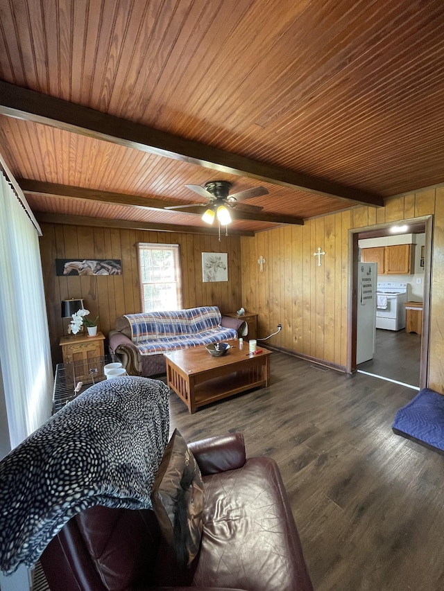 903 Days Rd, Lafayette, TN 37083 - living room with wooden ceiling with exposed beams, wood walls, dark wood finished floors, and ceiling fan