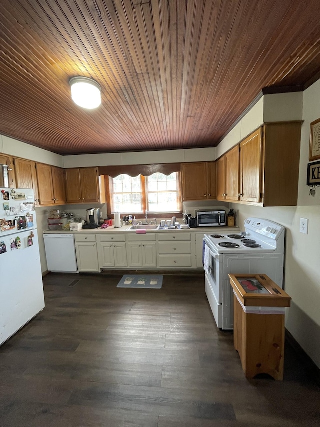 903 Days Rd, Lafayette, TN 37083 - kitchen featuring white appliances, a sink, wood ceiling, light countertops, and brown cabinets
