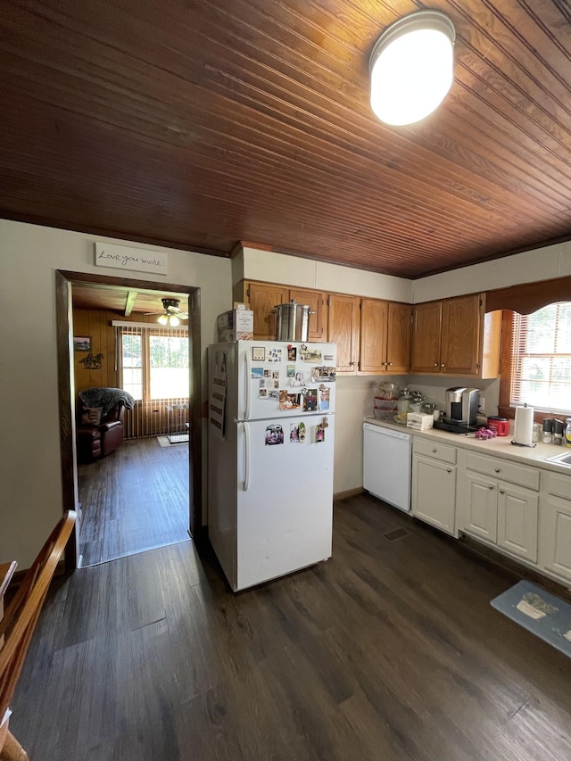 903 Days Rd, Lafayette, TN 37083 - kitchen featuring white appliances, wooden ceiling, dark wood-style floors, light countertops, and brown cabinetry