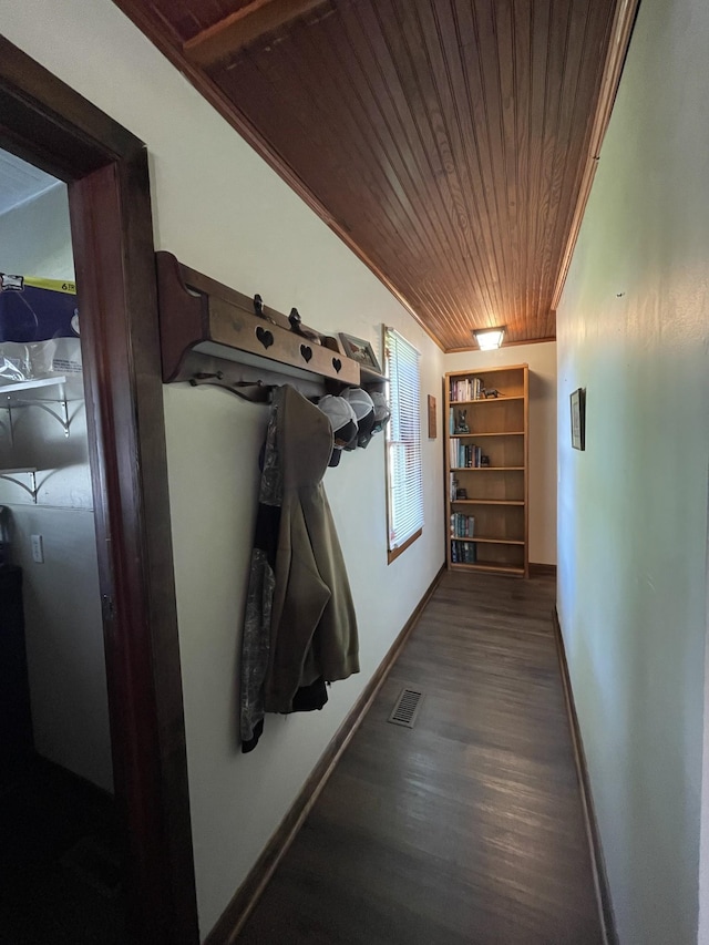 903 Days Rd, Lafayette, TN 37083 - hallway featuring wood ceiling, baseboards, and dark wood-style floors