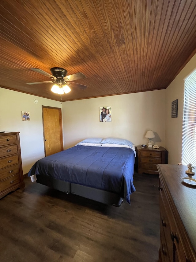 903 Days Rd, Lafayette, TN 37083 - bedroom featuring wooden ceiling, dark wood-type flooring, and ceiling fan