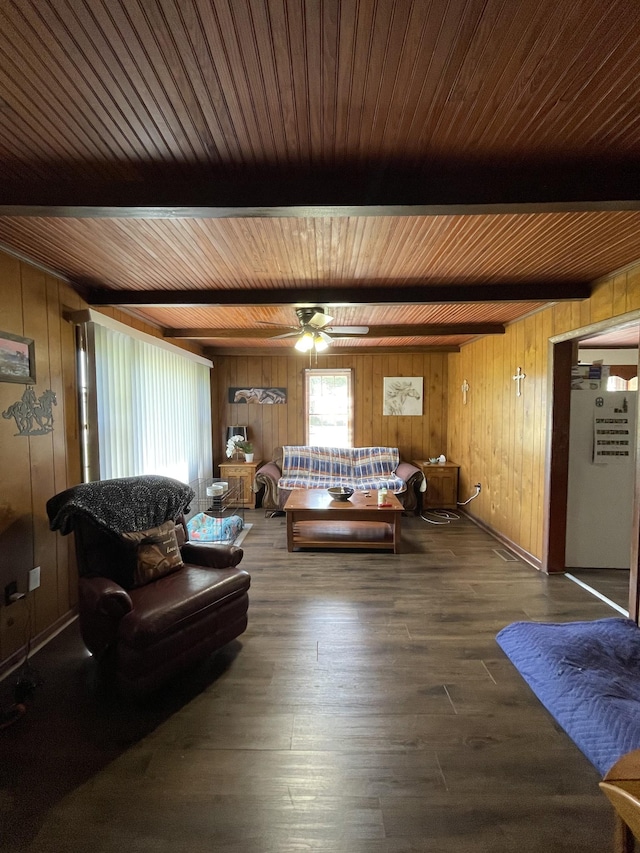 903 Days Rd, Lafayette, TN 37083 - living room with wooden ceiling with exposed beams, wooden walls, hardwood / wood-style floors, and ceiling fan