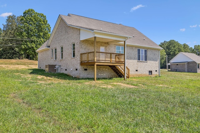 43 Long Branch Rd, Lawrenceburg, TN 38464 - back of property with crawl space, a deck, stairway, brick siding, and a lawn
