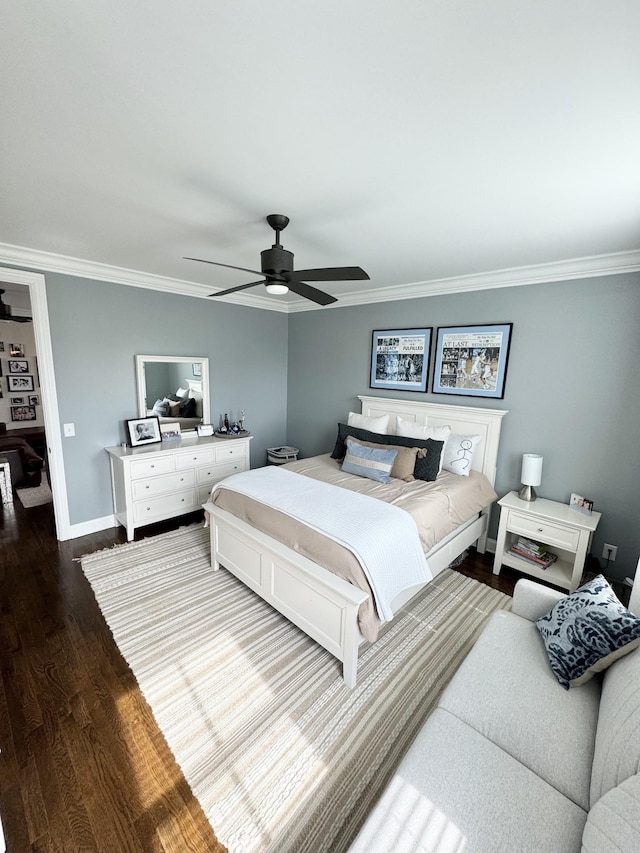 82 Addison Ave, Franklin, TN 37064 - bedroom with dark wood-style floors, crown molding, baseboards, and a ceiling fan