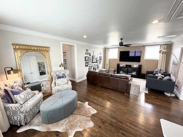 82 Addison Ave, Franklin, TN 37064 - living room featuring dark wood-style flooring, crown molding, ceiling fan, recessed lighting, and baseboards