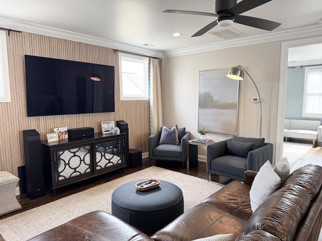 82 Addison Ave, Franklin, TN 37064 - living area featuring wood finished floors, ornamental molding, ceiling fan, and baseboards