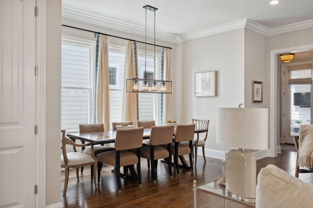 82 Addison Ave, Franklin, TN 37064 - dining space with dark wood-type flooring, crown molding, a chandelier, and recessed lighting
