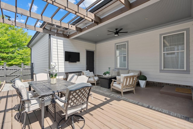 82 Addison Ave, Franklin, TN 37064 - wooden deck with a gate, outdoor lounge area, a pergola, outdoor dining space, and ceiling fan