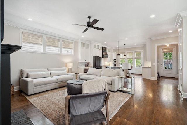 82 Addison Ave, Franklin, TN 37064 - living room with ornamental molding, recessed lighting, a ceiling fan, and dark wood-style flooring