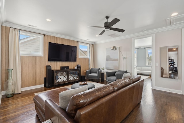 82 Addison Ave, Franklin, TN 37064 - living room with a ceiling fan, crown molding, and dark wood-type flooring