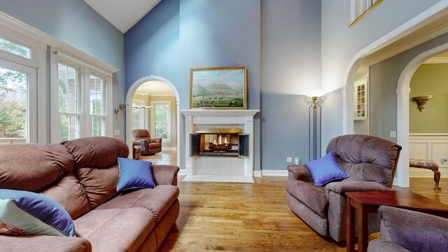 103 Doral Ln, Hendersonville, TN 37075 - living room with high vaulted ceiling, arched walkways, light wood-style floors, and a multi sided fireplace