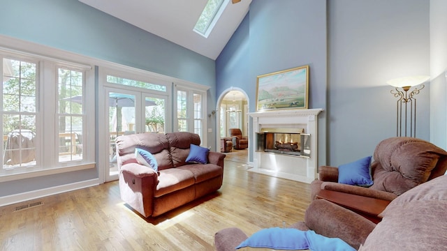 103 Doral Ln, Hendersonville, TN 37075 - living area with high vaulted ceiling, wood finished floors, a skylight, a multi sided fireplace, and baseboards
