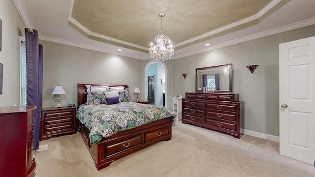 103 Doral Ln, Hendersonville, TN 37075 - bedroom with a tray ceiling, arched walkways, light colored carpet, crown molding, and baseboards