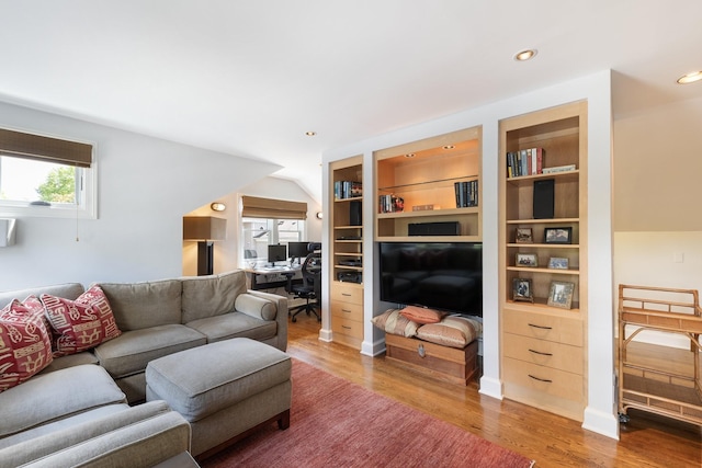 143 Prospect Hl, Nashville, TN 37205 - living area with a desk, wood finished floors, recessed lighting, and built in shelves