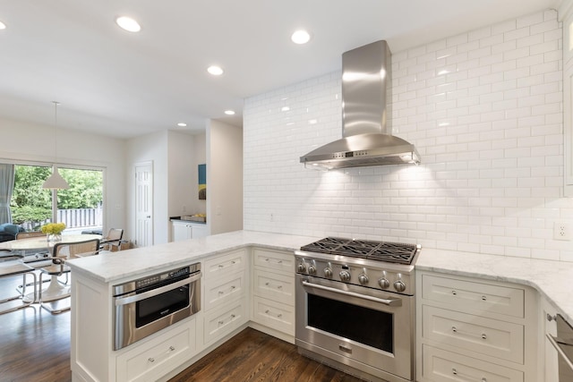 143 Prospect Hl, Nashville, TN 37205 - kitchen with high end stainless steel range, wall chimney range hood, a peninsula, decorative backsplash, and recessed lighting