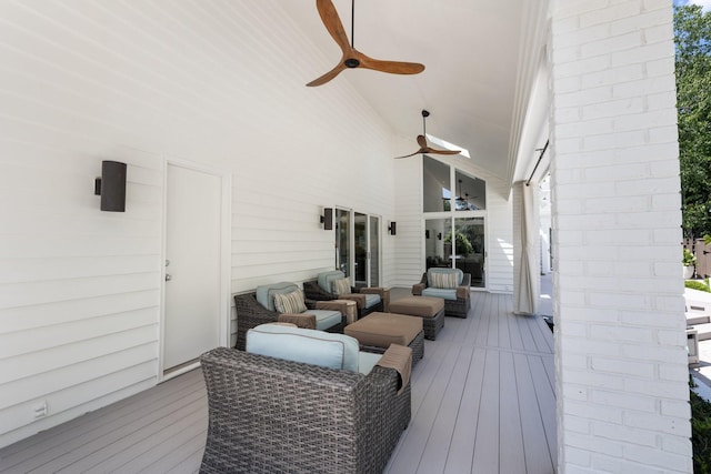 143 Prospect Hl, Nashville, TN 37205 - wooden terrace with a ceiling fan and an outdoor living space