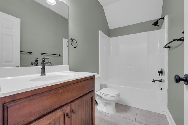 3840 SE Tater Peeler Rd, Lebanon, TN 37090 - bathroom with vanity, tile patterned flooring, toilet, shower / tub combination, and lofted ceiling