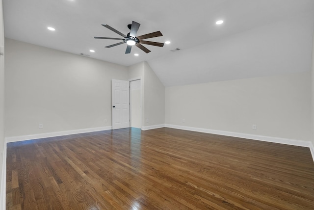 3840 SE Tater Peeler Rd, Lebanon, TN 37090 - bonus room featuring ceiling fan, vaulted ceiling, recessed lighting, dark wood-style floors, and baseboards