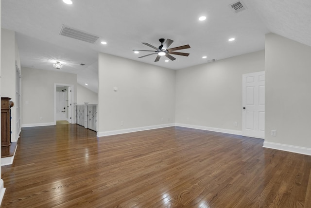3840 SE Tater Peeler Rd, Lebanon, TN 37090 - unfurnished living room featuring a ceiling fan, dark wood finished floors, recessed lighting, baseboards, and lofted ceiling