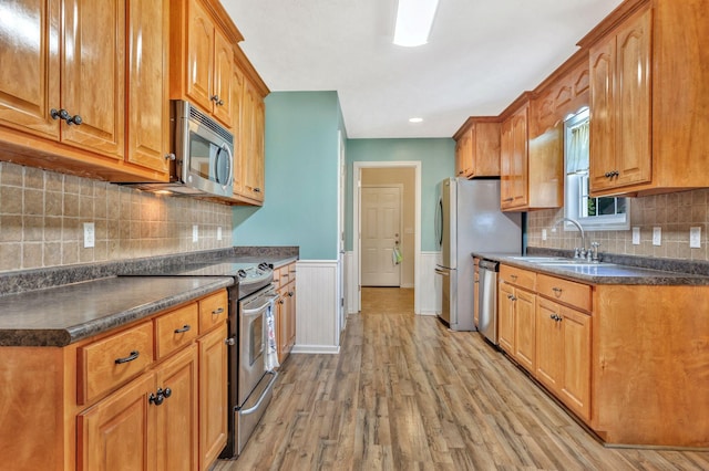 2137 Horton Way, Lewisburg, TN 37091 - kitchen with appliances with stainless steel finishes, light wood-style flooring, a sink, dark countertops, and a wainscoted wall