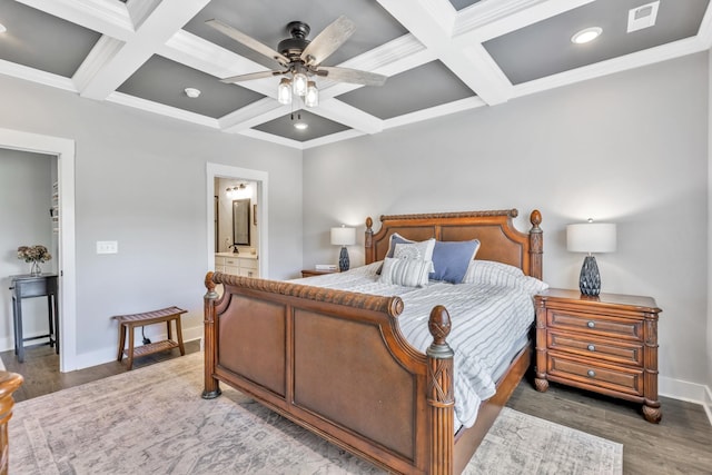 1114 Johnson St, Burns, TN 37029 - bedroom featuring coffered ceiling, beamed ceiling, wood finished floors, baseboards, and ensuite bathroom