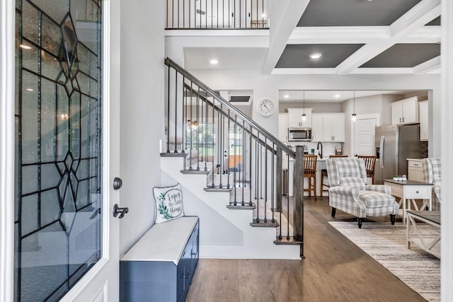 1114 Johnson St, Burns, TN 37029 - foyer featuring dark wood-type flooring, beam ceiling, stairs, coffered ceiling, and recessed lighting