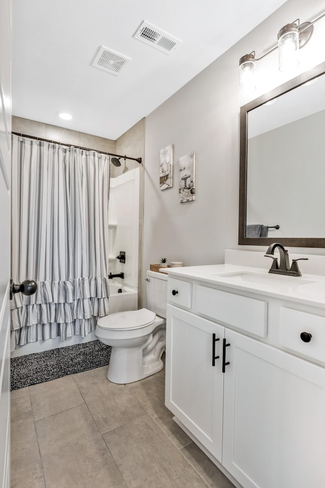 1114 Johnson St, Burns, TN 37029 - bathroom featuring vanity, shower / bathtub combination with curtain, toilet, and tile patterned flooring