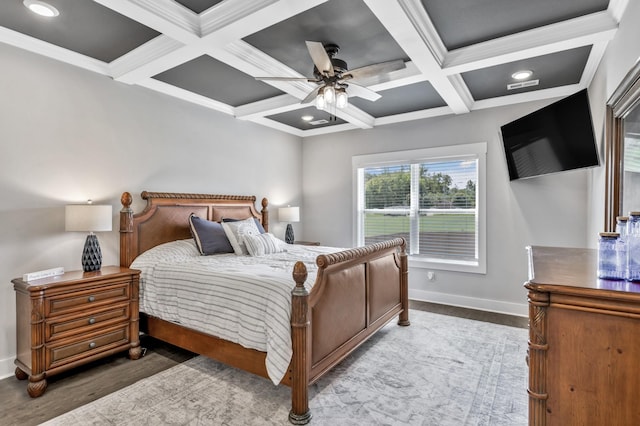 1114 Johnson St, Burns, TN 37029 - bedroom featuring wood finished floors, coffered ceiling, beam ceiling, baseboards, and ceiling fan