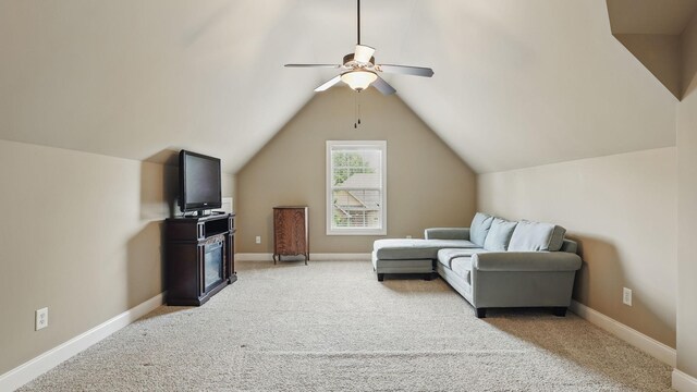 1023 Fitzroy Cir, Spring Hill, TN 37174 - living room featuring light carpet, lofted ceiling, and a ceiling fan