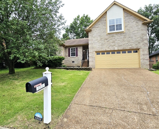 6356 Paddington Way, Antioch, TN 37013 - view of front of home with a garage, brick siding, concrete driveway, a front yard, and crawl space