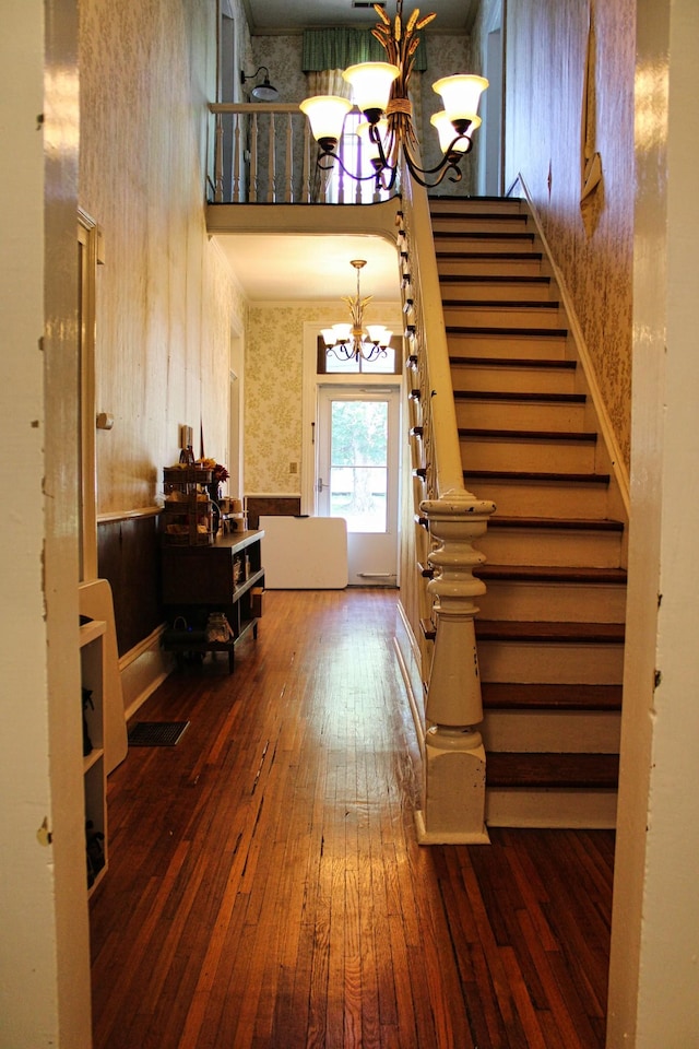 211 Maple St E, Fayetteville, TN 37334 - entrance foyer featuring a chandelier, stairs, hardwood / wood-style flooring, and a high ceiling