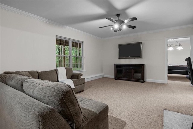 7244 Knottingham Dr, Fairview, TN 37062 - living area featuring ornamental molding, baseboards, carpet floors, and a ceiling fan