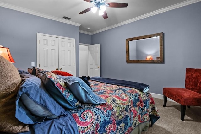 7244 Knottingham Dr, Fairview, TN 37062 - bedroom featuring carpet flooring, crown molding, baseboards, a closet, and a ceiling fan