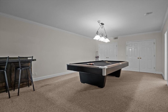 7244 Knottingham Dr, Fairview, TN 37062 - recreation room featuring crown molding, billiards table, baseboards, and carpet floors
