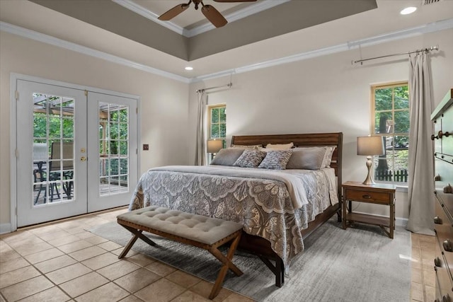 7244 Knottingham Dr, Fairview, TN 37062 - bedroom featuring french doors, multiple windows, access to exterior, ornamental molding, and a tray ceiling