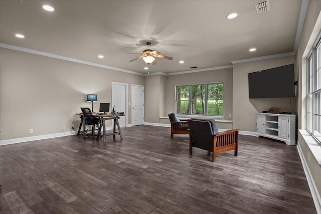 7244 Knottingham Dr, Fairview, TN 37062 - living room featuring a ceiling fan, an office area, recessed lighting, baseboards, and dark wood finished floors