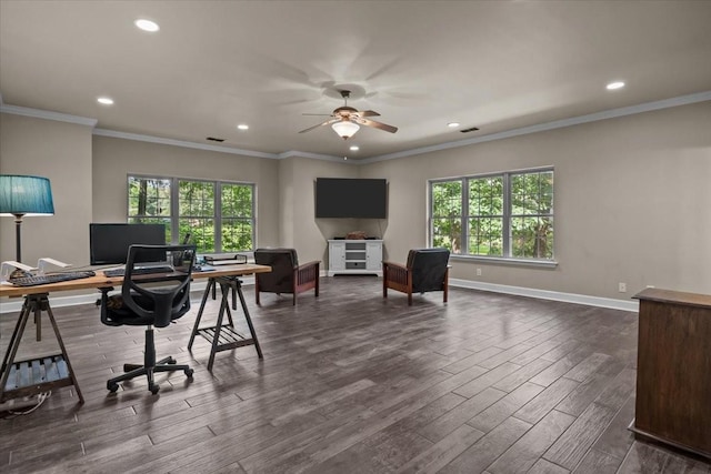 7244 Knottingham Dr, Fairview, TN 37062 - office area with a ceiling fan, plenty of natural light, recessed lighting, dark wood finished floors, and baseboards