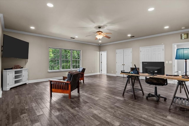 7244 Knottingham Dr, Fairview, TN 37062 - home office with a ceiling fan, ornamental molding, dark wood-style flooring, recessed lighting, and baseboards
