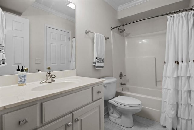 7244 Knottingham Dr, Fairview, TN 37062 - bathroom featuring crown molding, vanity, shower / bath combination with curtain, toilet, and tile patterned floors