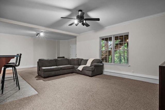 7244 Knottingham Dr, Fairview, TN 37062 - carpeted living area featuring ceiling fan, crown molding, a baseboard radiator, and baseboards