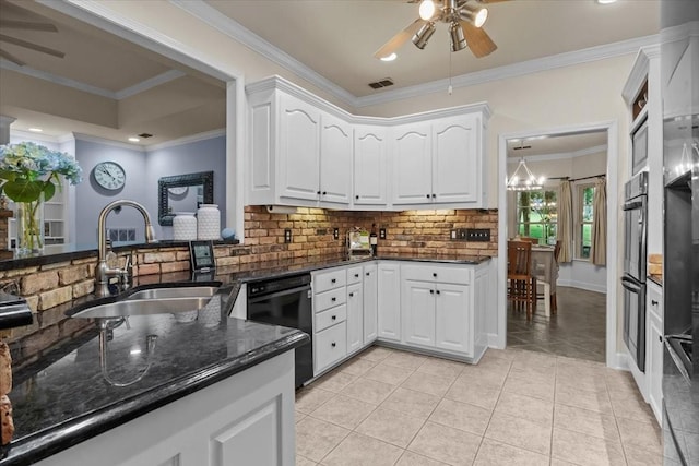 7244 Knottingham Dr, Fairview, TN 37062 - kitchen featuring ceiling fan, black dishwasher, a sink, dark stone counters, and tasteful backsplash