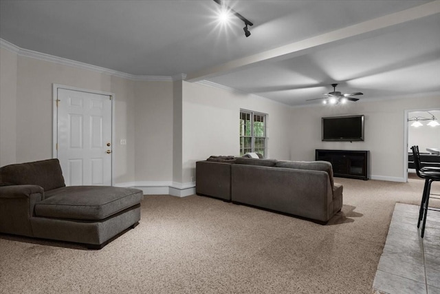 7244 Knottingham Dr, Fairview, TN 37062 - living area with light carpet, baseboards, ornamental molding, a ceiling fan, and track lighting