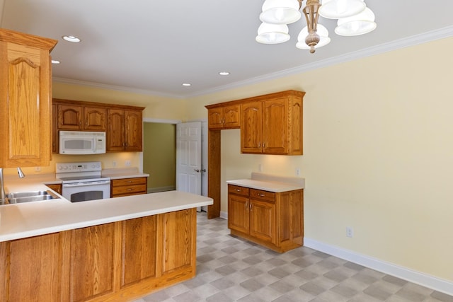 318 Tulip Tree Trl, Estill Springs, TN 37330 - kitchen with white appliances, light floors, a chandelier, light countertops, and crown molding