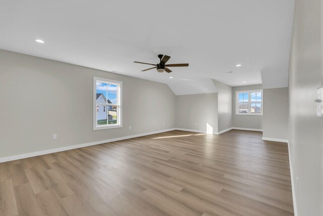 2600 Spring Arbor Ct, Cookeville, TN 38501 - unfurnished living room featuring ceiling fan, light wood finished floors, baseboards, recessed lighting, and vaulted ceiling