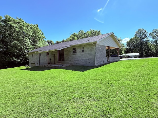551 Maple Ter, Lafayette, TN 37083 - rear view of property with stone siding, a lawn, and a shingled roof