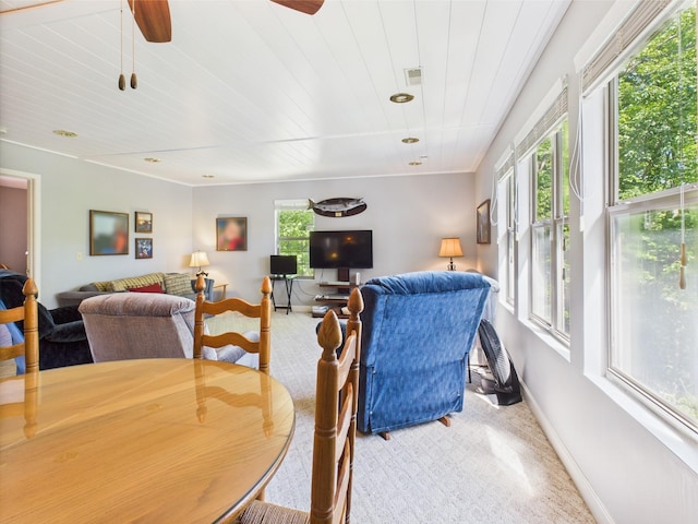 21 Heron Pt, Cadiz, KY 42211 - dining area featuring healthy amount of natural light, carpet flooring, baseboards, wooden ceiling, and a ceiling fan