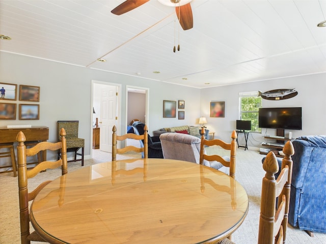 21 Heron Pt, Cadiz, KY 42211 - dining room with light colored carpet, ceiling fan, wooden ceiling, and baseboards